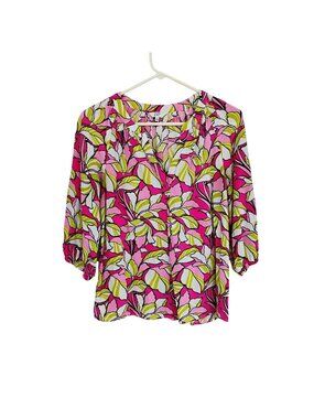 Crown & Ivy Womens Floral Blouse, Pink & Green, Size M, 3/4 Sleeve Rayon Top
